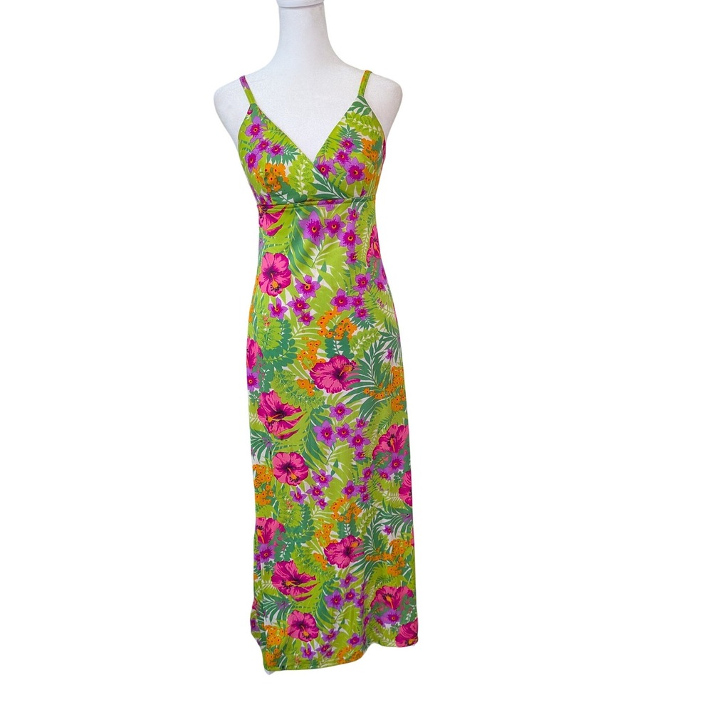 Vintage Jack Hartley 70s Tropical Floral Maxi‎ Dress Green Pink Small